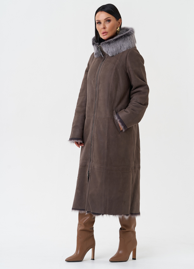 Дубленка с отделкой из тосканы с капюшоном модель № 28954 в кредит