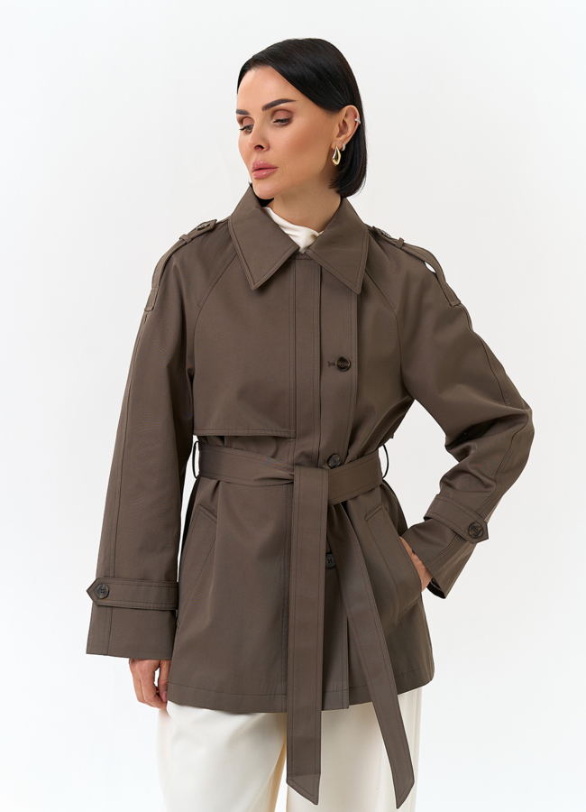 Женский укороченный плащ с поясом модель № 32822 в кредит