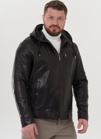 Мужская кожаная куртка с капюшоном