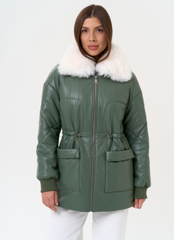 Женский пуховик из эко кожи с воротником из эко меха Женский пуховик из эко кожи с воротником из эко меха