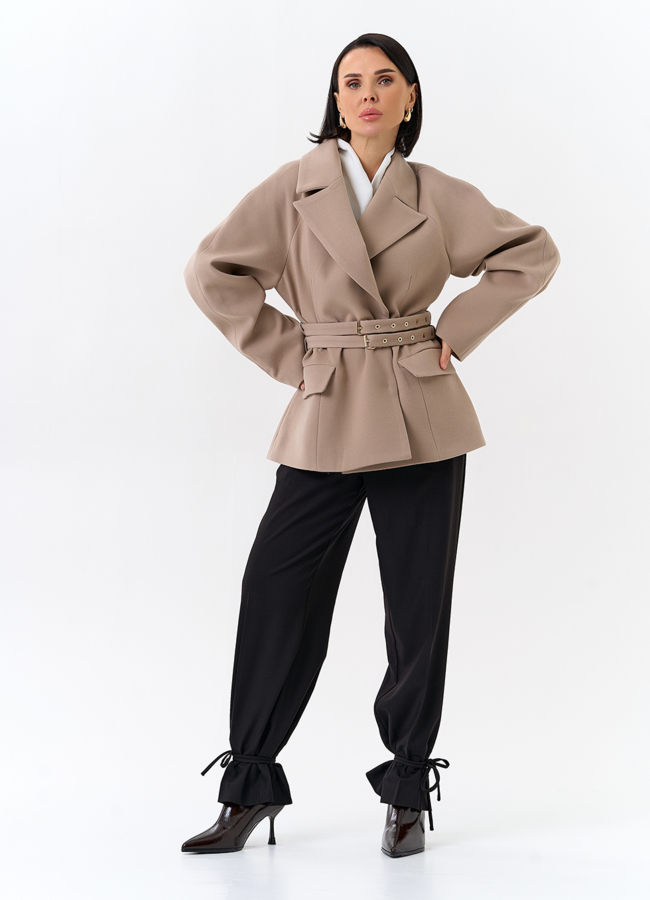 Женское укороченное пальто с двойным поясом модель № 32503 в кредит