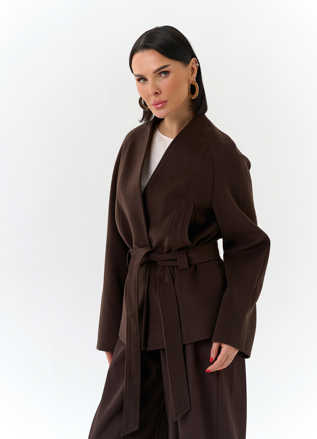 Женское укороченное пальто с поясом модель № 32688 универмаг малина