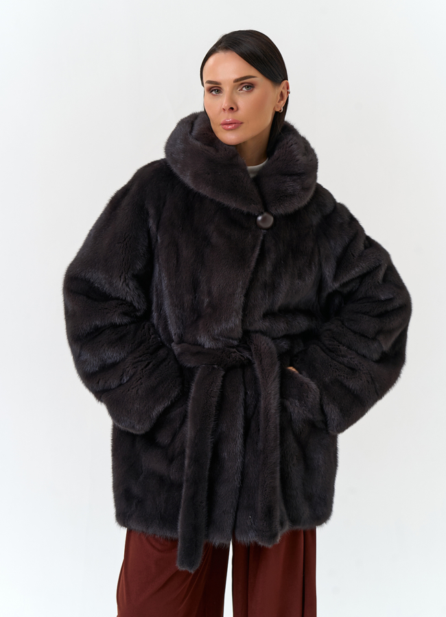Шуба из меха норки с капюшоном модель № 31875 меха малина