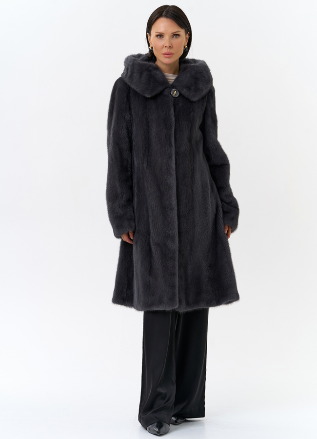 Норковая шуба годе/балетка в роспуск с капюшоном цвета графит модель № 27646 в кредит