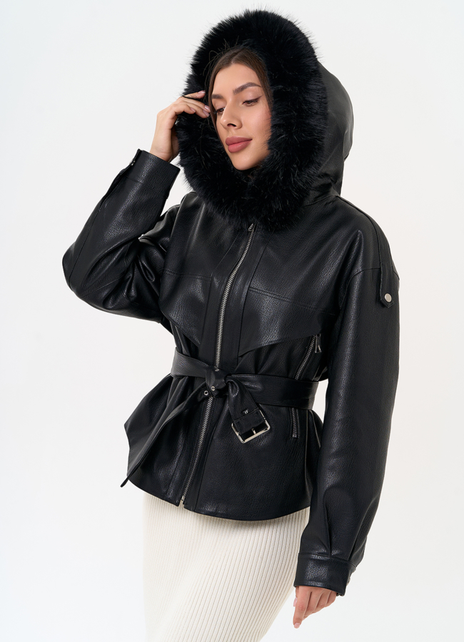 фото Женская утепленная куртка из эко кожи с поясом модель № 31494