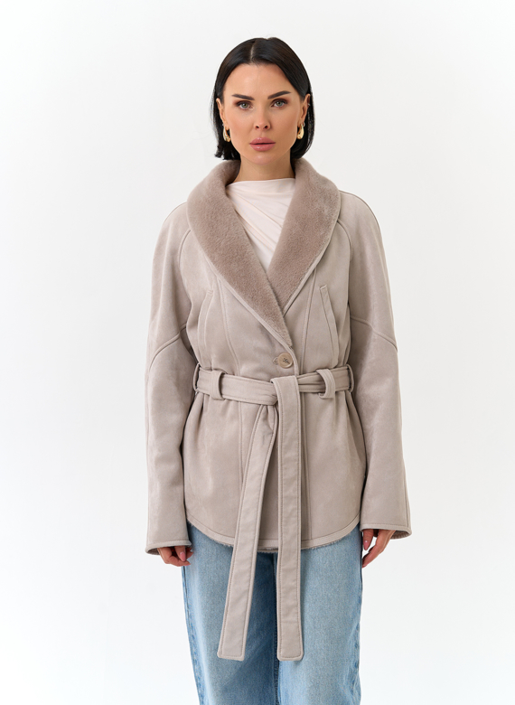 Женская дубленка из эко замши с поясом