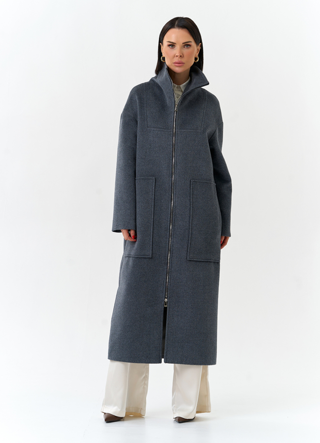 Женское длинное пальто с воротником стойкой модель № 32573 меха малина