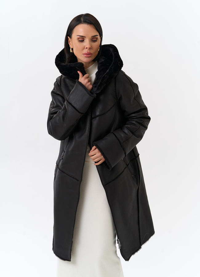 Женская натуральная дубленка с капюшоном модель № 32199 универмаг малина