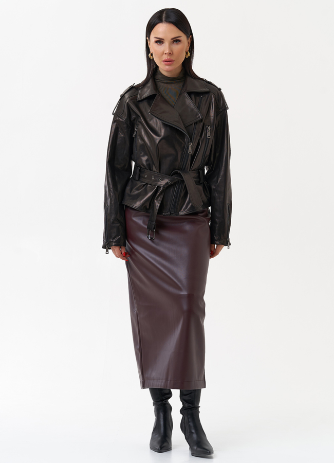 фото Женская кожаная куртка с поясом модель № 29916