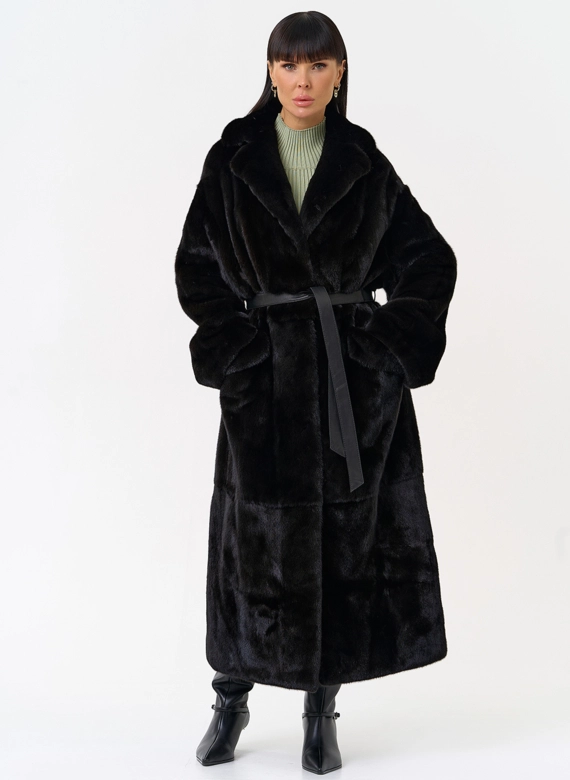 Длинная шуба из меха норки blackglama с поясом