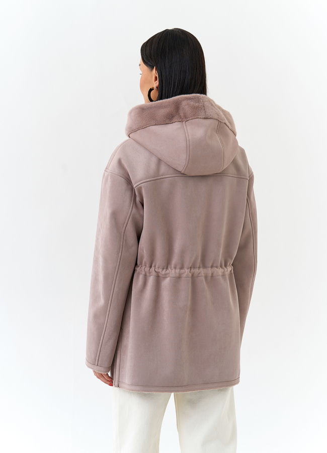 фото Двухсторонняя дубленка из эко замши с капюшоном модель № 32695