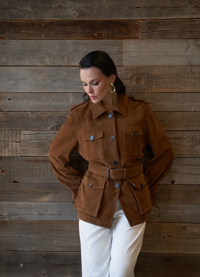 Куртка - сафари женская из натуральной замши модель № 29922 меха малина