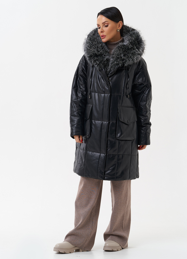 Пуховик из эко кожи с капюшоном из эко меха  модель № 27708 в кредит