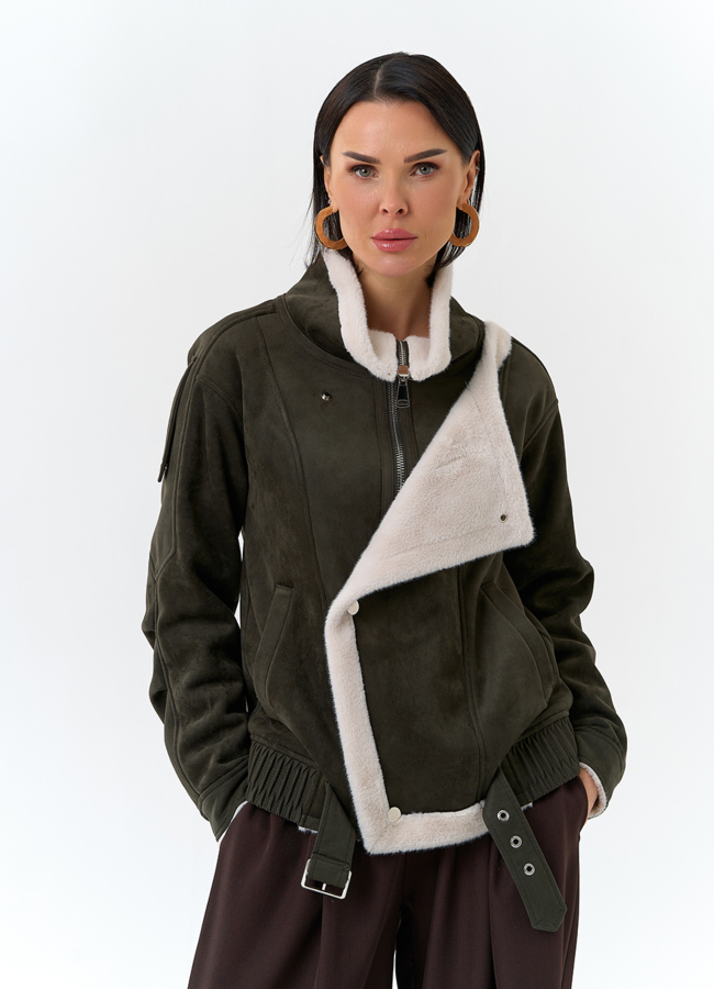 Женская дубленка бомбер из эко замши модель № 32693 меха малина