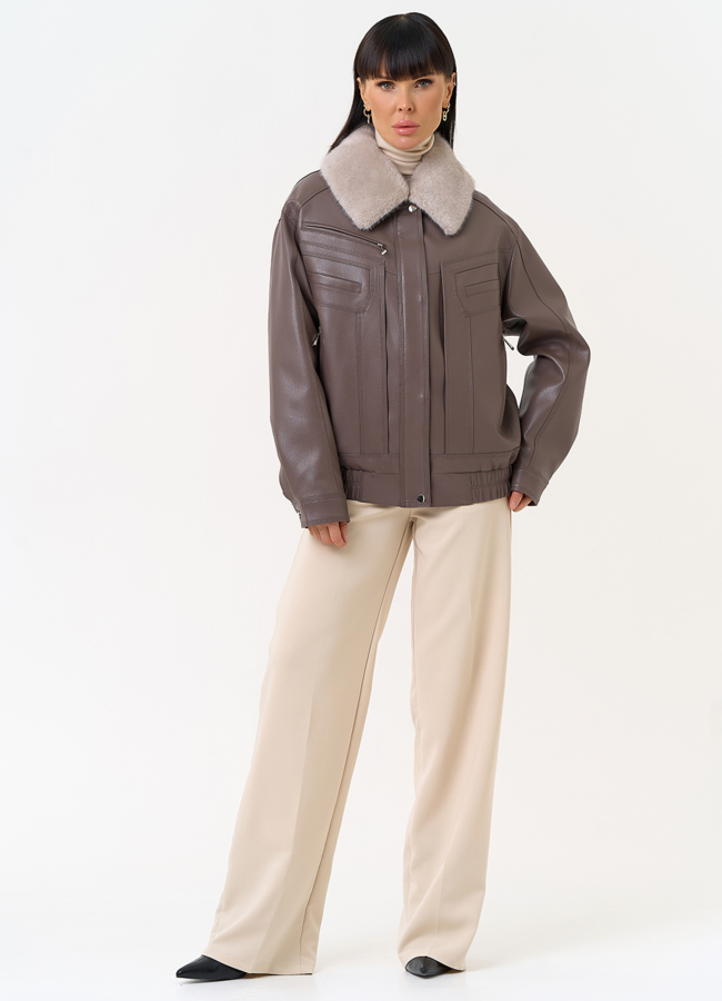 Женская утепленная куртка из эко кожи в бежевом цвете модель № 30702 универмаг малина