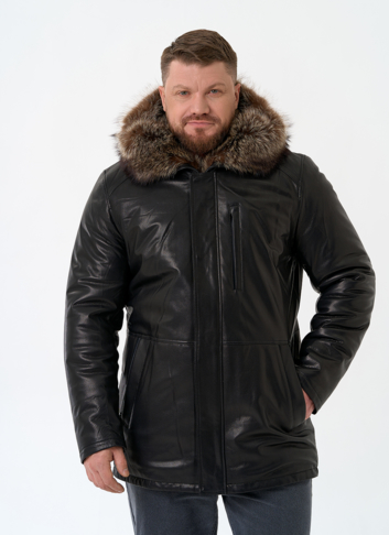 Мужская натуральная дубленка на волке с отделкой из меха енота Мужская натуральная дубленка на волке с отделкой из меха енота