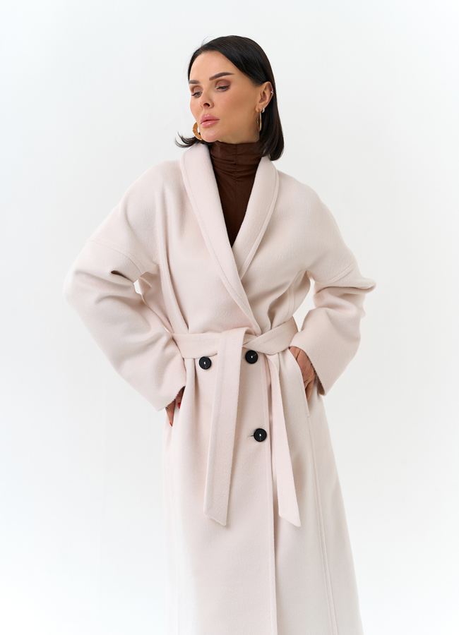 Светлое женское пальто с воротником шаль модель № 32726 универмаг малина