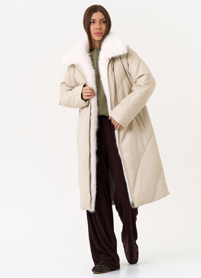 Женский пуховик из эко кожи с отделкой из эко меха модель № 30714 меха малина