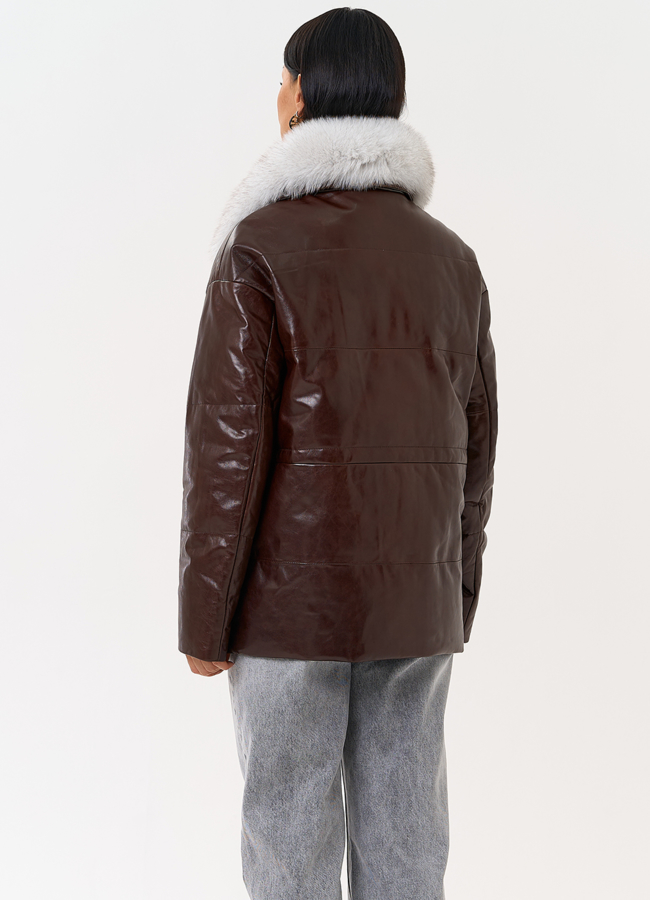Коричневый кожаный пуховик модель № 31570 в рассрочку