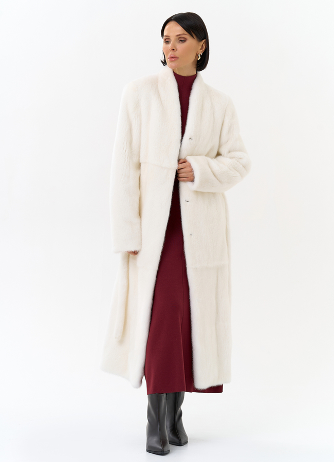 Белая шуба из меха норки с поясом модель № 31320 универмаг малина