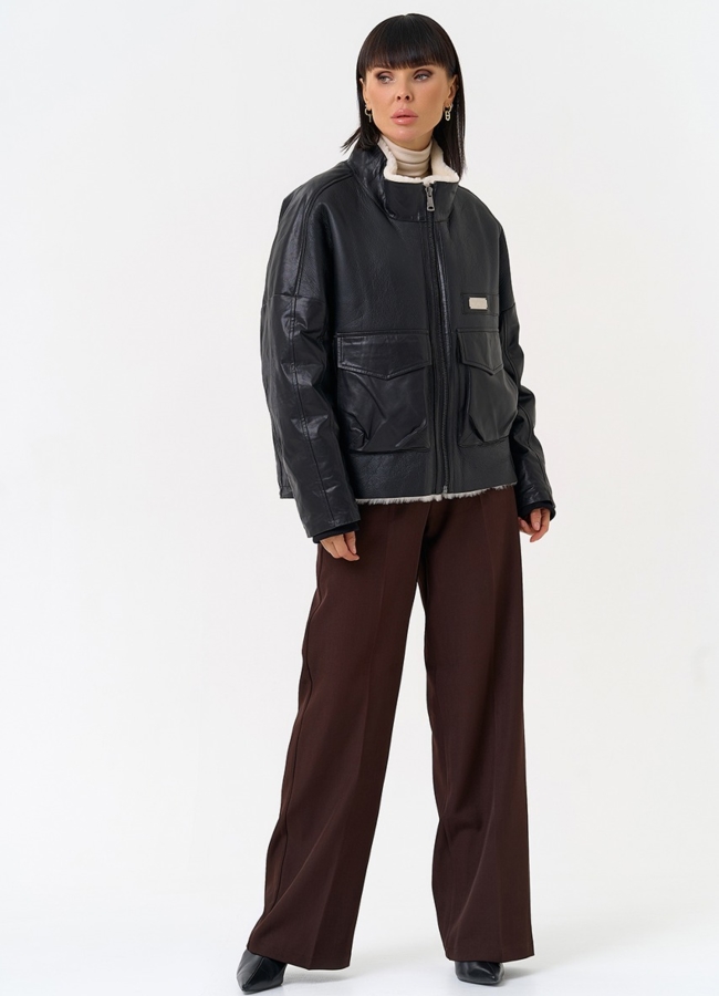 Женский пуховик из натуральной кожи с отделкой из овчины модель № 28577 в кредит