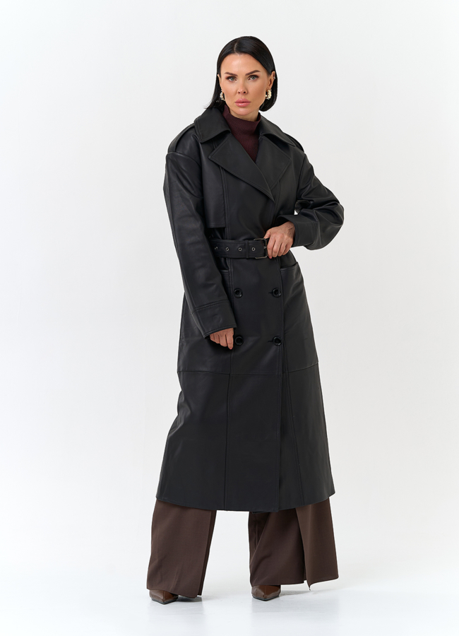 Женский плащ из натуральной кожи с поясом модель № 32901 в кредит