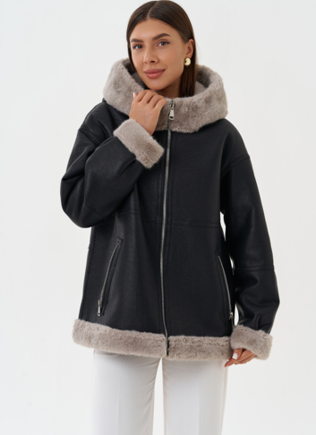 Женская эко дубленка с капюшоном