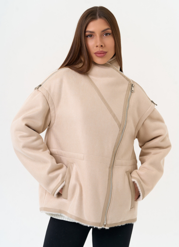 Женская дубленка из эко замши с отложным воротником