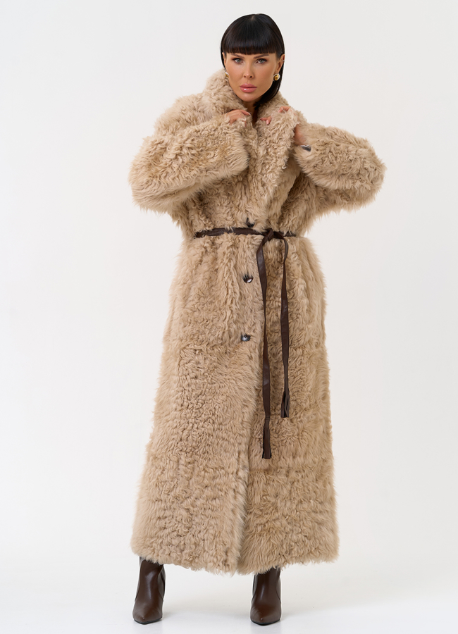 Женская двухсторонняя дубленка с декоративным поясом модель № 31620 меха малина