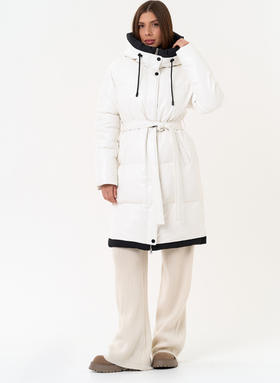 Белый пуховик из эко кожи с поясом