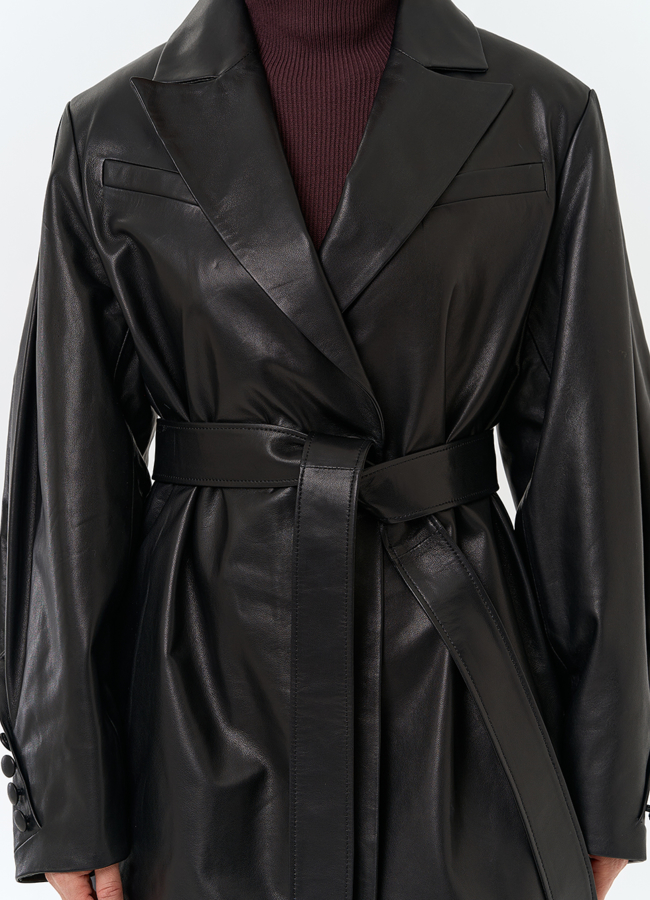 Жакет из натуральной кожи с поясом модель № 32885 универмаг малина