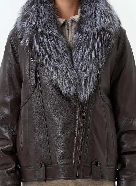 Женский пуховик из натуральной кожи с чернобуркой фото