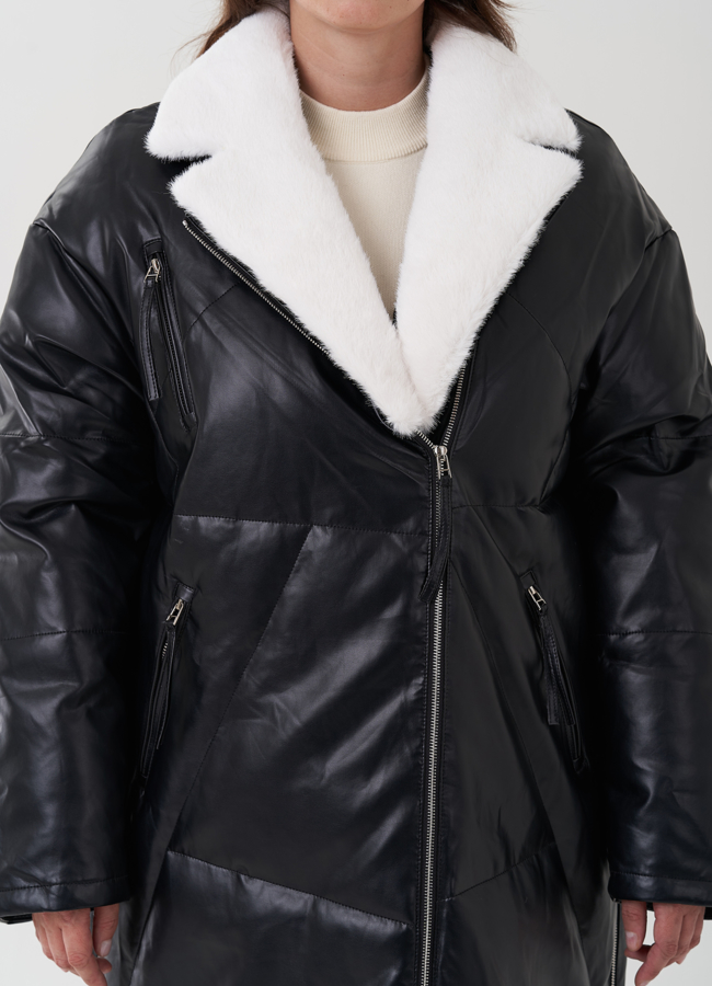 Пуховик женский из эко кожи с английским воротником модель № 25466 универмаг малина