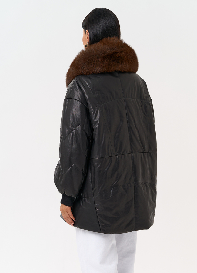 Полупальто из натуральной кожи с мехом песца модель № 21796 в кредит