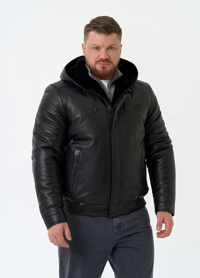 Мужской пуховик из натуральной кожи с капюшоном модель № 32051 в кредит
