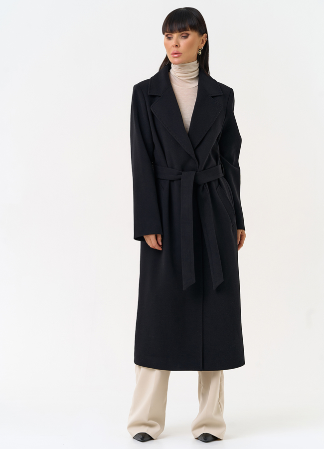 Женское пальто черного цвета с поясом модель № 31560 универмаг малина