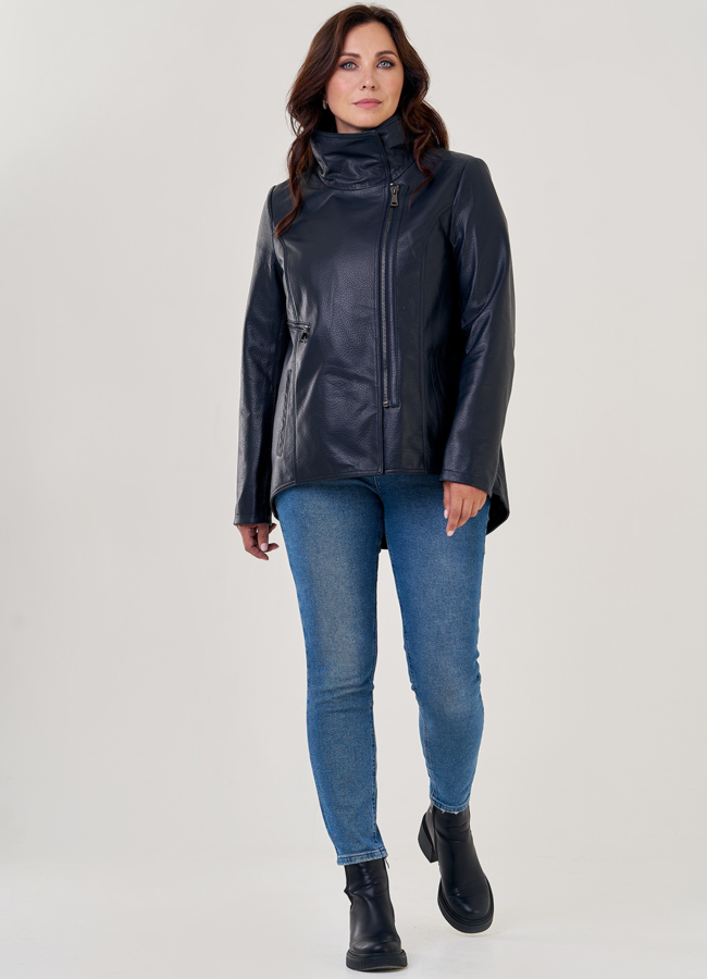 фото Кожаная куртка на молнии темно-синего цвета  модель № 10862