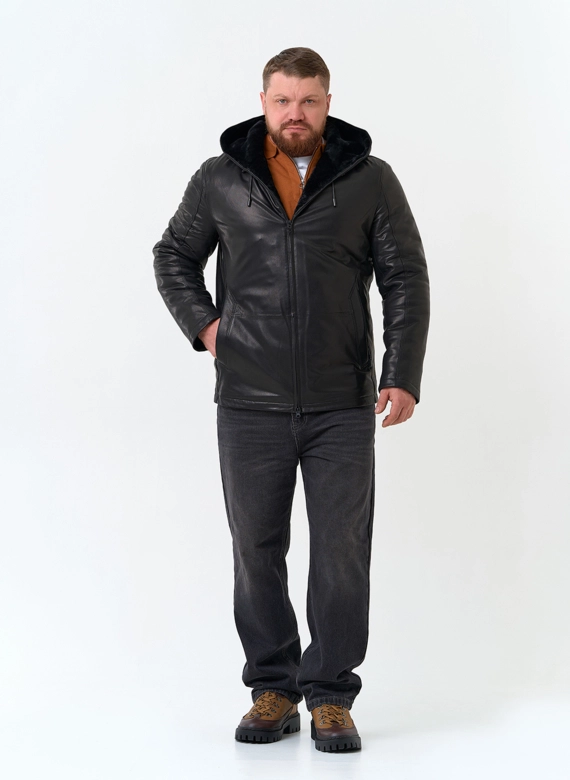 Мужская натуральная дубленка с капюшоном фото