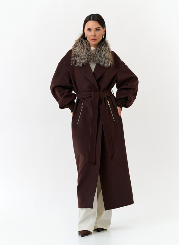 Женское длинное пальто с отделкой из меха лисы